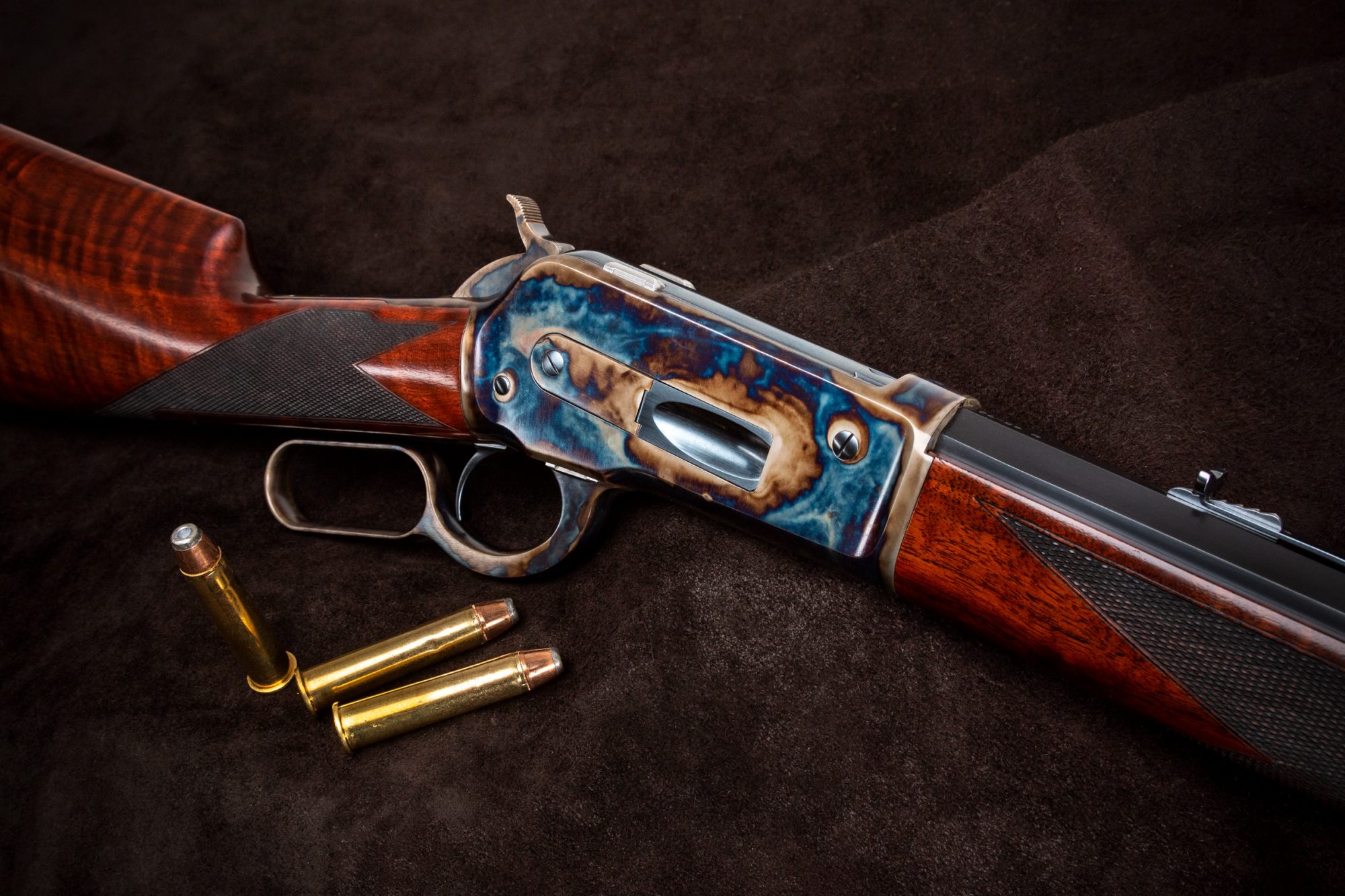 Photo of a Turnbull Model 1886 rifle chambered in .45-70 Govt., and featuring all period-correct finishes including color case hardening