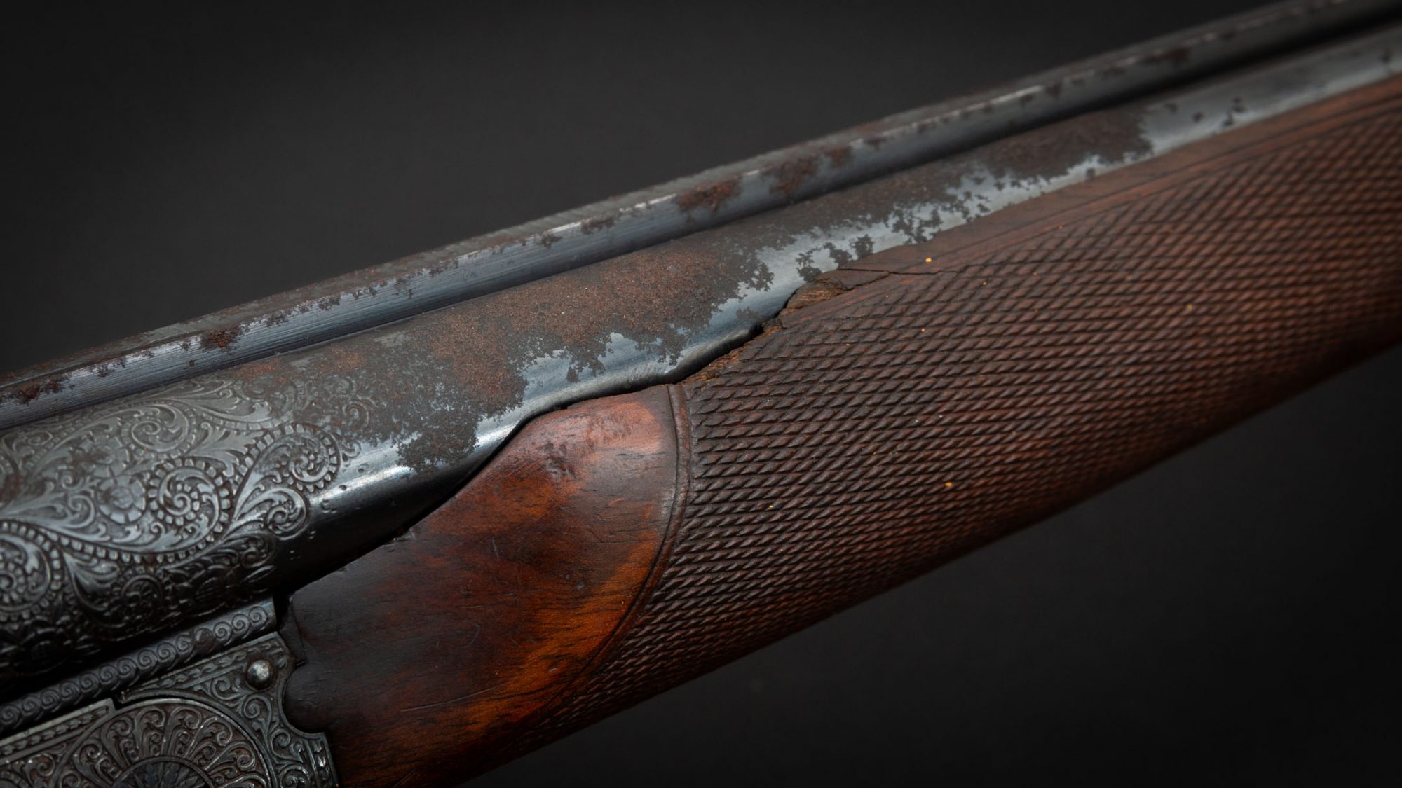 Winchester Model 21 American 20 gauge side-by-side shotgun, before restoration services performed by Turnbull Restoration of Bloomfield, NY