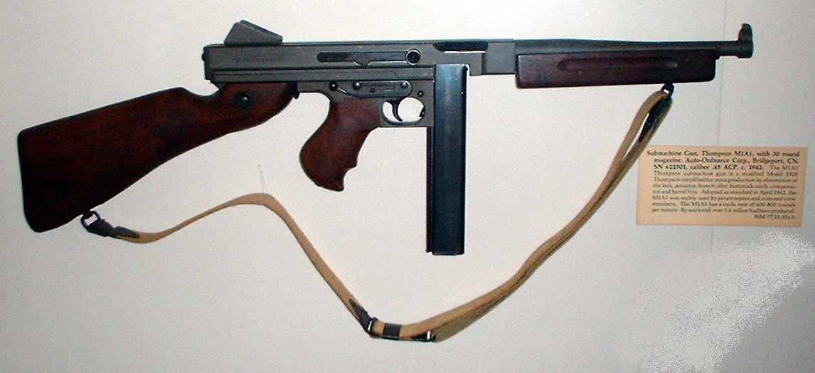 Thompson M1A1 submachine gun, caliber .45 ACP. Used in WWII to defeat the axis.
