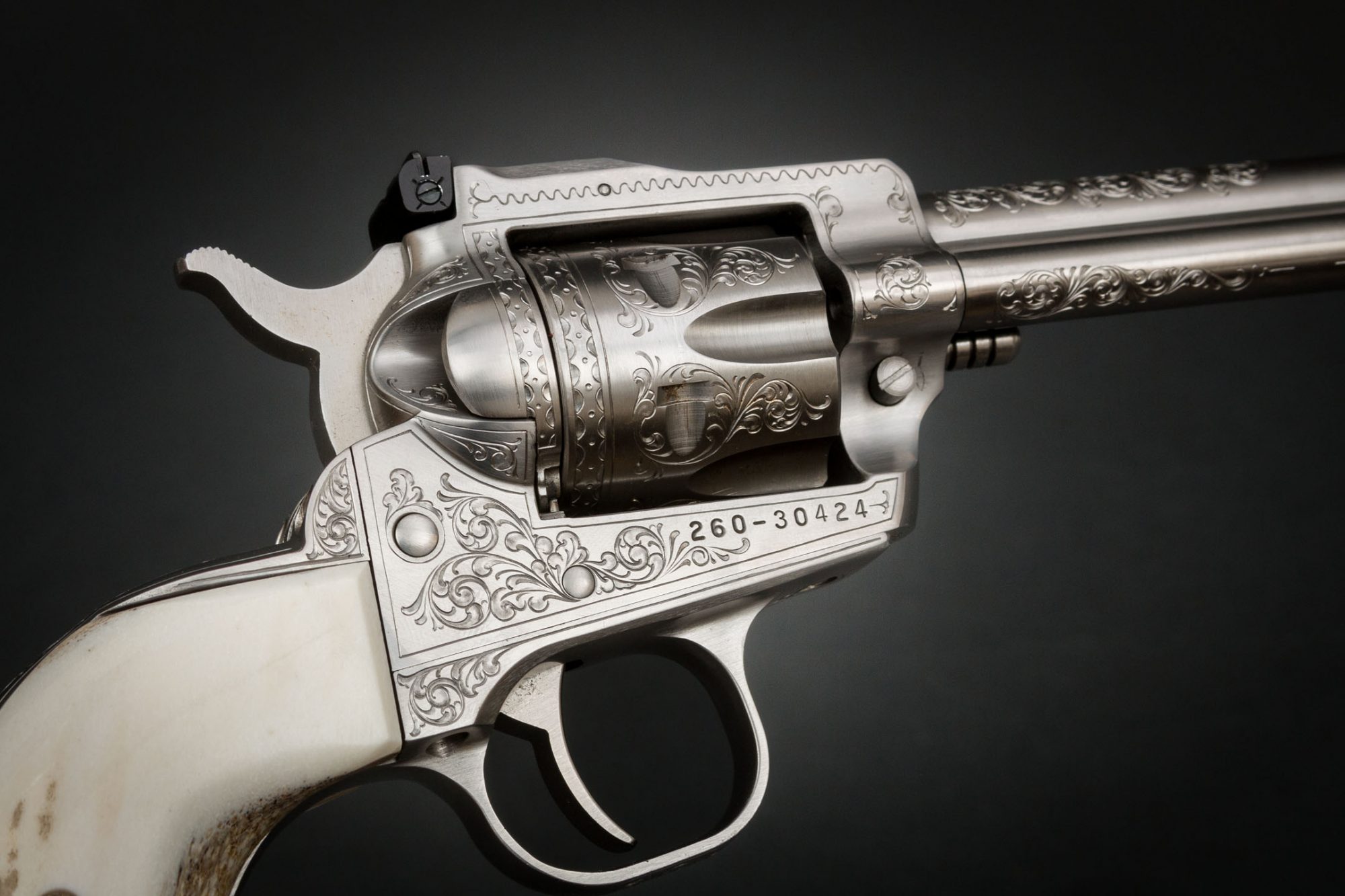 Stainless Ruger Single Six engraved by Robert Kain