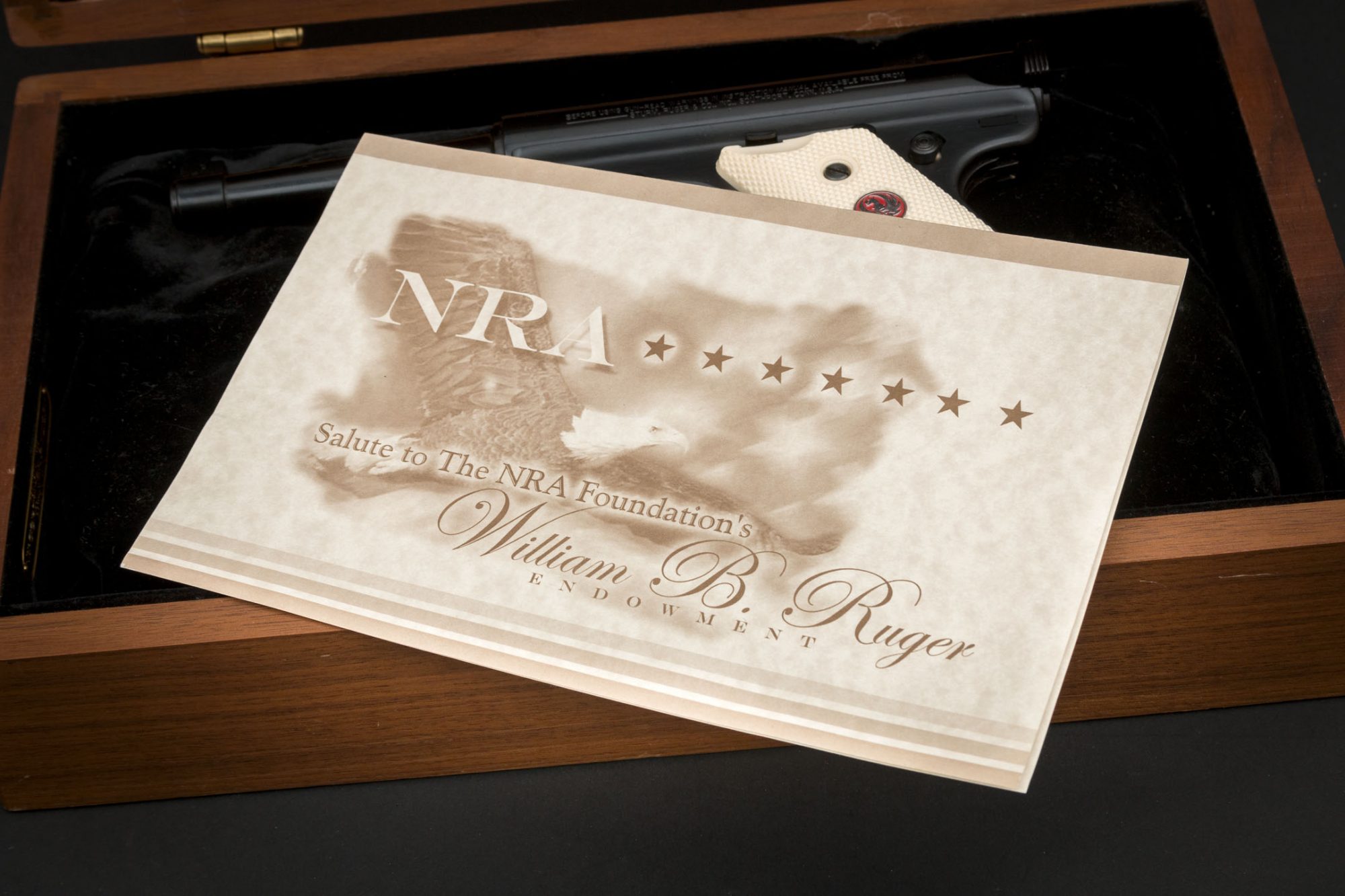 Wood presentation case and certificate for NRA Commemorative Ruger Mark II