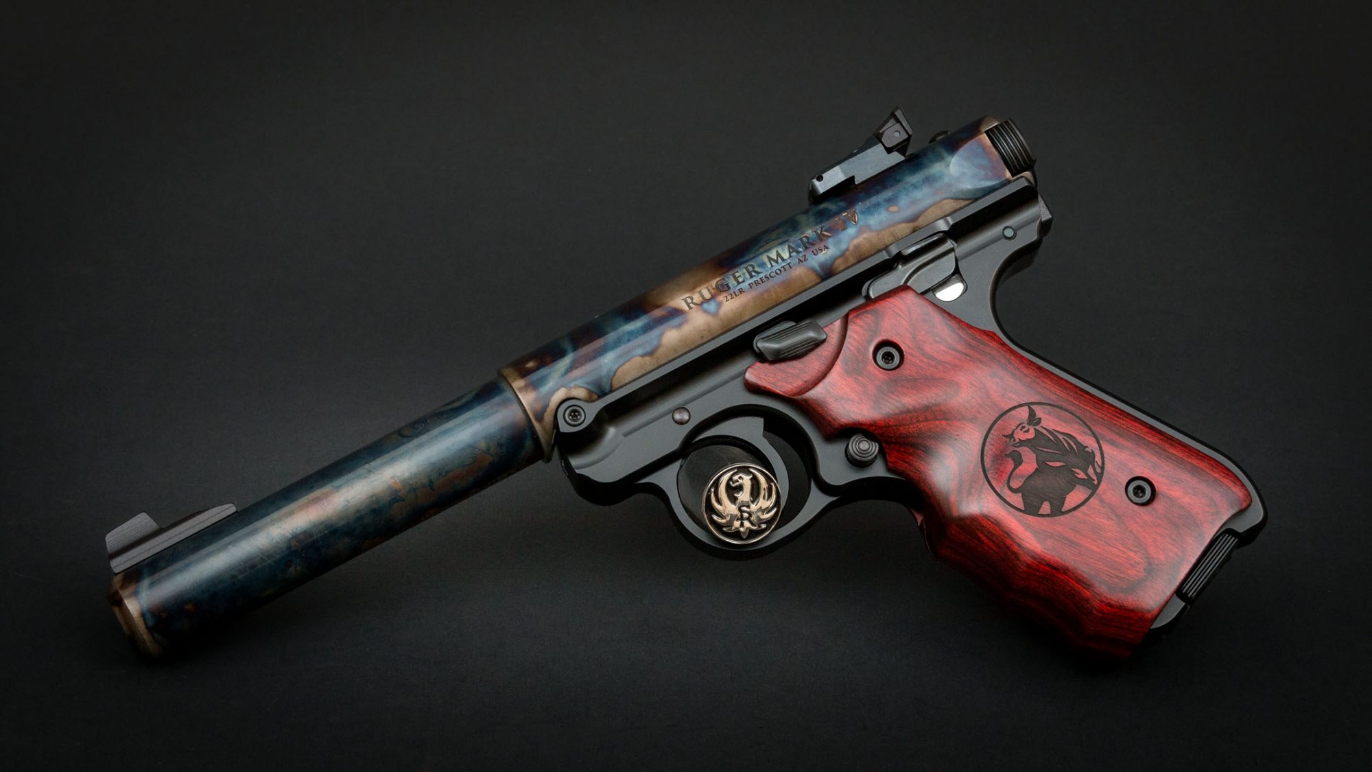 Ruger Mark IV Target Model, featuring Turnbull bone charcoal color case hardening and Turnbull-badged fingergroove rosewood grips