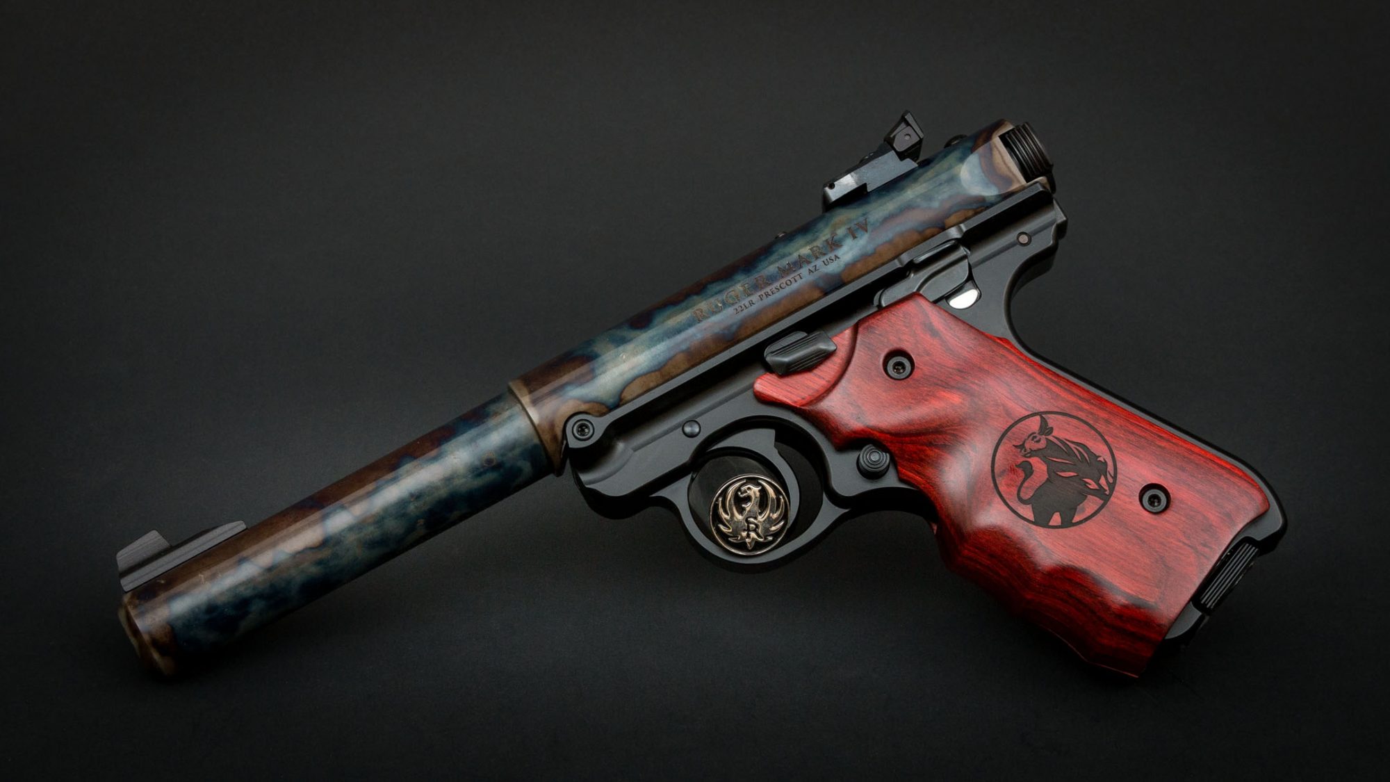 Ruger Mark IV Target Model, featuring Turnbull bone charcoal color case hardening and Turnbull-badged fingergroove rosewood grips