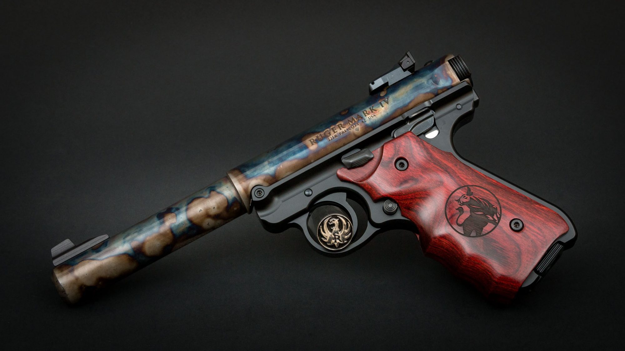 Ruger Mark IV Target Model, featuring Turnbull bone charcoal color case hardening and Turnbull-badged fingergroove rosewood grips