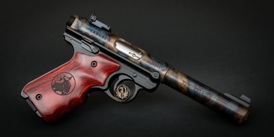 Ruger Mark IV Target Model, featuring Turnbull bone charcoal color case hardening and Turnbull-badged fingergroove rosewood grips