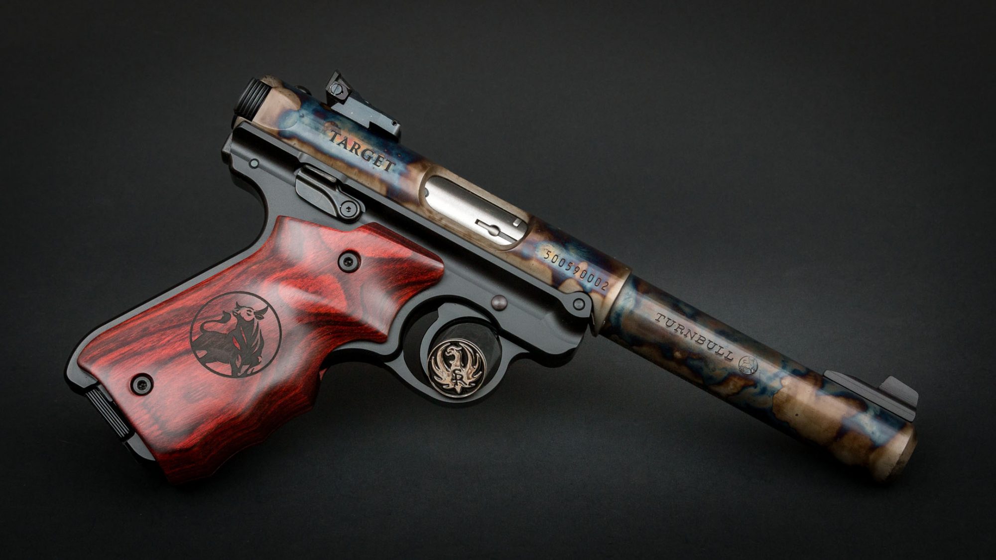 Ruger Mark IV Target Model, featuring Turnbull bone charcoal color case hardening and Turnbull-badged fingergroove rosewood grips