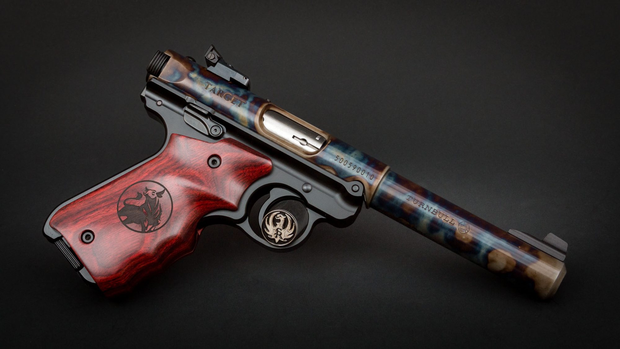 Ruger Mark IV Target Model, featuring Turnbull bone charcoal color case hardening and Turnbull-badged fingergroove rosewood grips