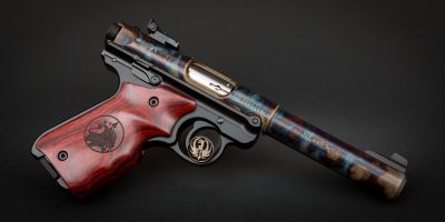 Ruger Mark IV Target Model, featuring Turnbull bone charcoal color case hardening and Turnbull-badged fingergroove rosewood grips