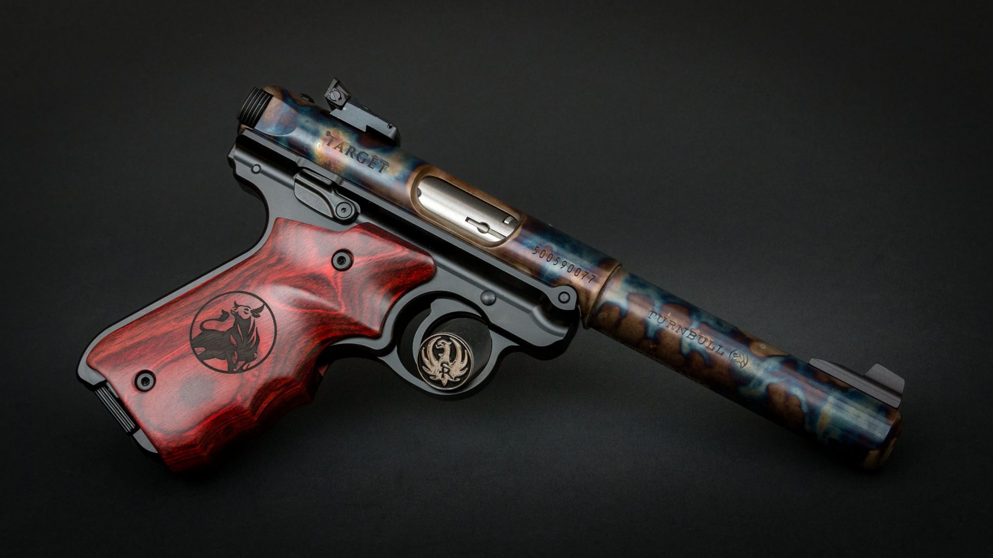 Ruger Mark IV Target Model, featuring Turnbull bone charcoal color case hardening and Turnbull-badged fingergroove rosewood grips