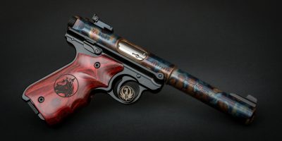 Ruger Mark IV Target Model, featuring Turnbull bone charcoal color case hardening and Turnbull-badged fingergroove rosewood grips